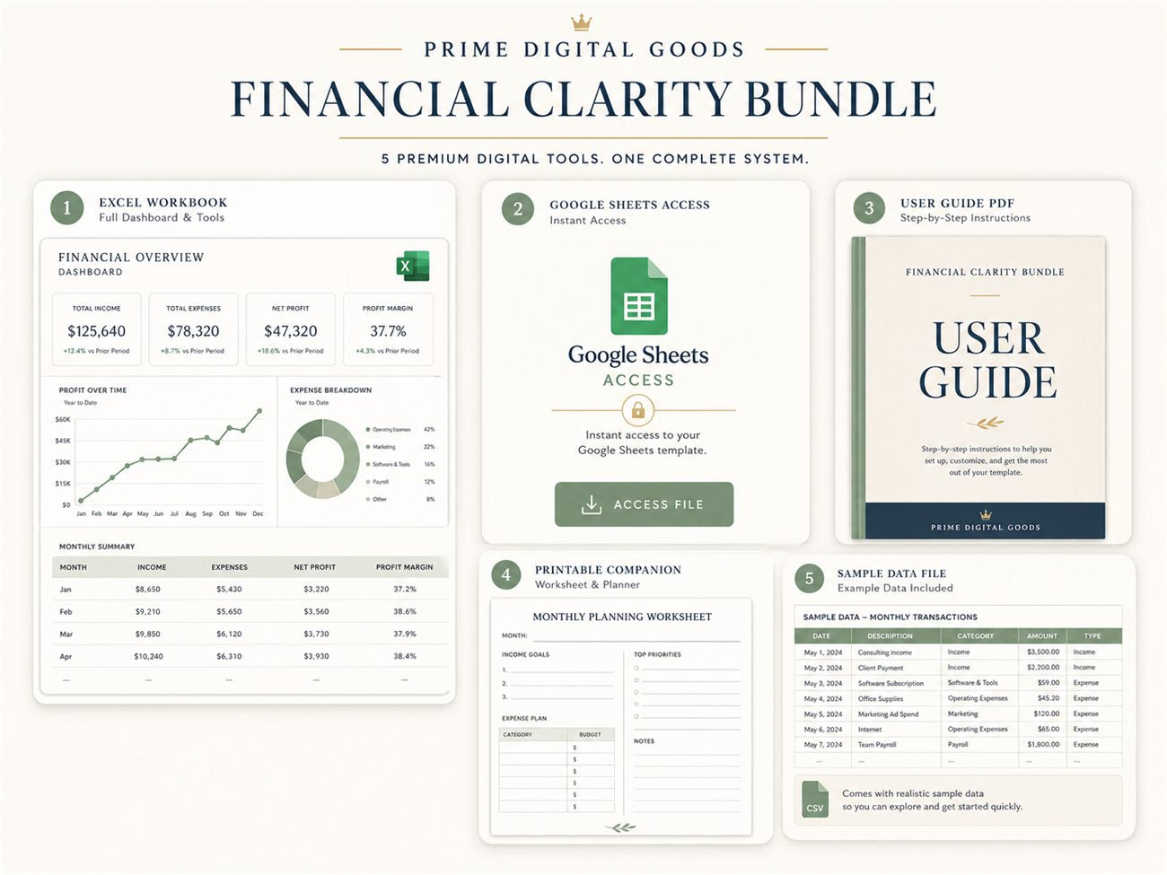 The Prime Digital Goods bundle: workbook, Google Sheets, user guide, printable companion, and sample data