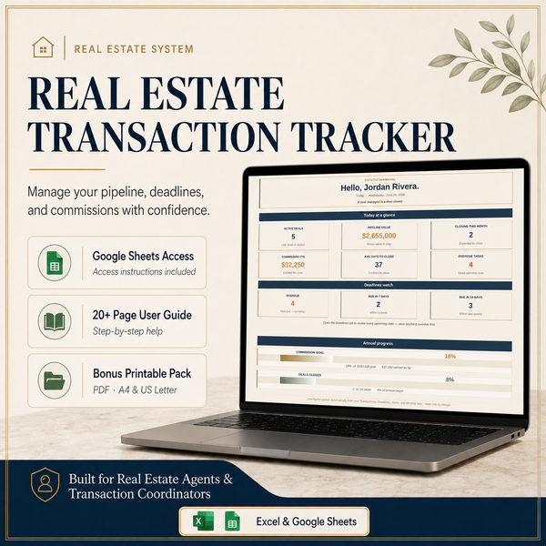 Real Estate Transaction Tracker | Google Sheets Spreadsheet for Pipeline, Deadlines & Commissions