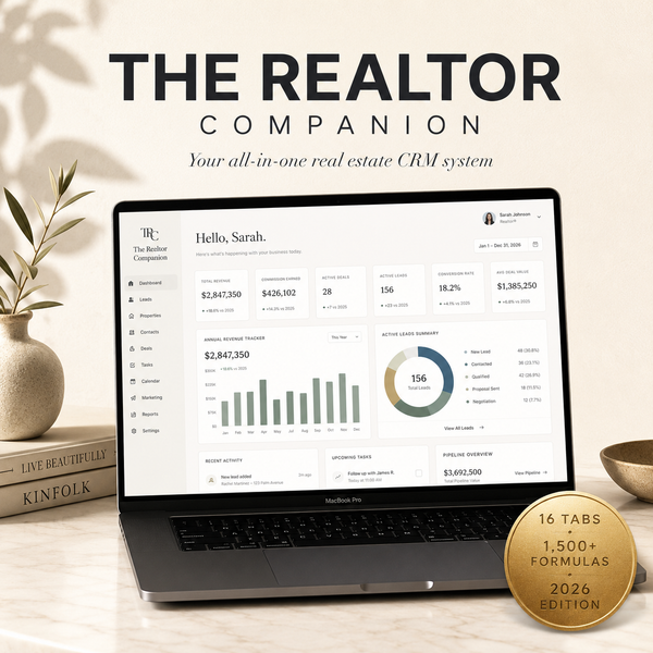 Real Estate Agent CRM Excel & Google Sheets Template | Realtor Lead Tracker Pipeline Commission Calculator | Property Listings Planner