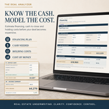 Real estate financing calculator for cash to close, loan structure, cost of money and holding cost analysis