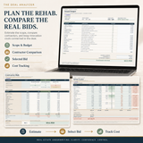 Real estate rehab budget spreadsheet with contractor bid comparison, selected bid and renovation cost tracking
